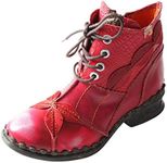 TMA EYES Women's Ankle Boots Low Heel Lace-up Side Zipper Fashion Leather Booties, Red, 9.5