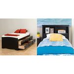 Prepac Tall Twin Captain's Platform Storage Bed with 6 Drawers + Stylish Twin Bookcase Headboard