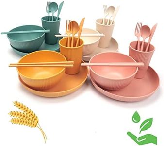 WFPOWER 28pcs Wheat Straw Dinnerware Serving Set (Bowls, Cups, Plates, Chopsticks, Forks, Spoons) Perfect for Camping Picnic RV Dorm Lightweight Unbreakable Microwave & Dishwasher Safe (Strip)