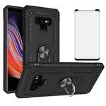 Phone Case for Samsung Galaxy Note 9 with Tempered Glass Screen Protector Cover Stand Ring Rugged Silicone Holder Hard Shockproof Heavy Duty Accessories Magnetic Cute Glaxay Note9 9case Girls Black