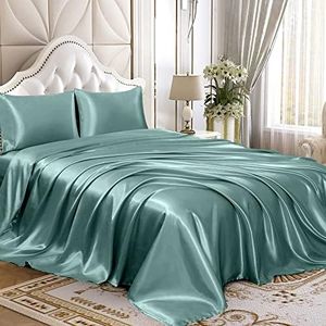 Homiest 4pcs Satin Sheets Set Luxury Silky Satin Bedding Set with Deep Pocket, 1 Fitted Sheet + 1 Flat Sheet + 2 Pillowcases (Full Size, Greyish Green)