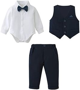 Baby Boys Conjunto de Ropa Traje Formal, Bebé Niño Caballero Mangas Largas Camisas + Pantalones + Corbata de Moño Niño Caballeros Bautismo Boda Conjuntos de Ropa Azul 6-9 meses