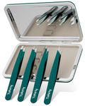 Tweezer Set for Women's Facial Hair and Eyebrows - Mirror Case (Green)