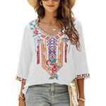 Seasonal Bohemian Embroidery Mexican Tops Women's Summer Boho Shirts Hippie Peasant 3/4 Sleeve V Neck Blouses Tunic (328-White, 3XL)