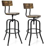 COSTWAY Set of 2/4 Bar Stool, Height Adjustable Swivel Counter Bar Chairs with Ergonomic Backrest & Footrest, Industrial Tall Barstools (2 Pcs, with Backrest, 150kg Capacity, Brown)