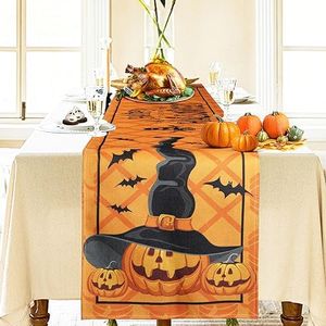 Bigqin Runner Lino,Runner Da Tavolo Per Halloween, Zucca Caramelle Pipistrello Dolcetto Per Feste Del Tavolo Da Pranzo Decorazione Della Cucina 33 X 183 Cm