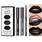 Pakivs 3Pcs Black Matte Liquid Lipstick,Lip Liner,Lip Gloss Trio Lip Set Waterproof Long-Lasting Moisturizing Velvety Lip Stain One Step Lips Makeup Kits (12#)