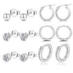 Silver Hoops Earrings for Women 925 Sterling Silver Earrings with Silver Stud Earrings Set with Cubic Zirconia Unisex Sleeper Huggie Small Earrings for Men Women(4mm*3+3 * 12mm) PABBEU