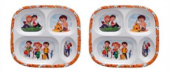 MEHUL Melamine 4 Compartment Cartoon Plate, BPA Free, Food Grade, Set of 2, Size 26 cm X 23 cm (Kidzania)