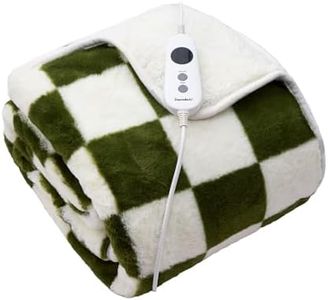 Dreamaker Checkered Plush Fleece Heated Throw Safety 3-Hours Auto Power Off, 9 Heat Setting, Detachable Controller, Energy Efficient, Machine Washable Winter Blanket - Olive and Cream 160cm x 130cm