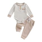 Vioyavo Infant Baby Boys 2Pcs Tracksuit Stripes Print Long Sleeve Romper Elastic Waist Long Pants Set Casual Clothes Set Spring Fall (Khaki, 0-3 Months)