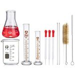 Glass Measuring Set, JESSTOLO 50ml Glass Erlenmeyer Flask, 50ml Glass Beaker, 10ml / 5ml Graduated Cylinder, with 3 Glass Dropper, 2 Cleaning Brush and 2 Glass Stirring Rod for Laboratory Chemistry