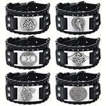 Finrezio 6Pcs Viking Bracelet Norse Vegvisir for Men Punk Wide Leather Cuff Bracelet Viking Jewelry Nordic Bracelet with Runic Compass- Celtic Pagan Jewelry