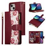 UEEBAI Wallet Case for iPhone 13 6.1, PU Leather Flip Case Magnetic Phone Cover Card Slots Zipper Pocket Hand Strap with Unique Roses Design - Red Wine