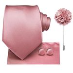 Hi-Tie Dusty Pink Ties for Men Silk Solid Mens Tie Set Formal Necktie Flower Lapel Pin Pocket Square Cufflinks Gift Box