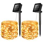 AMIR Upgraded Solar String Lights, 39Feet 120 LED Mini Copper Wire Lights, 8 Modes Waterproof Fairy Lights, Indoor Outdoor Solar Decoration Lights for Patios, Home, Parties (Warm White - Pack of 2)