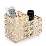 BTSKY Crystal Remote Control Holder 2 Slots Desktop Organizer Multi-Function Desk Stationery Storage Box Decorative Storage Caddy for TV Controllers Office Stationery Makeup Brushes Art Supplies(Gold)