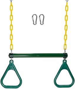 Squirrel Products Fully Coated Trapeze Swing Bar with Rings Heavy Duty Chain Swing Set Accessories Designed for Backyard Playground Sets Green