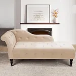 60.6 Inch Upholstered Chaise Lounge with Left Armrest, Button Tufted Lounge Sofa, Velvet Button-Tufted Chaise Lounge Chair Leisure Sofa Chaise Chair for Bedroom, Living Room and Office, Beige