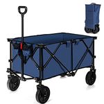 COSTWAY Folding Camping Wagon, Collapsible Beach Garden Trolley with Cup Holders and Adjustable Handle, Canvas Transport Utility Cart for Shopping Gardening Sporting Events (Navy Blue)