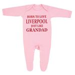 'Born to Love Liverpool Just Like Grandad' Baby Girl Sleepsuit Designed and Printed in the UK Using 100% Fine Combed Cotton (3-6 Months, Pink)