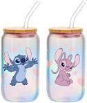 Silver Buffalo Disney Lilo and Stitch Featuring Angel Valentine's Day Couple 2 Pack Iridescent Glass Jar Tumbler with Bamboo Lid and Glass Straw, 16 Ounces