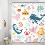 Riyidecor Kids Girls Shower Curtain 60Wx72H Inch Ocean Mermaid Whale Underwater Cartoon Fish Sealife Funny Cute Animal Octopus Turtle Colorful Bathroom Decor Fabric Polyester Waterproof 12 Pack Hooks