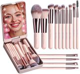 BS-MALL Travel Makeup Brush Set Foundation Powder Concealers Eye Shadows Makeup Set with LED light Mirror 14 Pcs Mini Makeup Brushes (APINK)