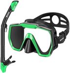 EMSINA E8 Freedom HD Dry Snorkel Set,Panoramic Wide View,Anti-Fog Scuba Diving Mask,Professional Snorkeling Gear(GreenBlackx2)