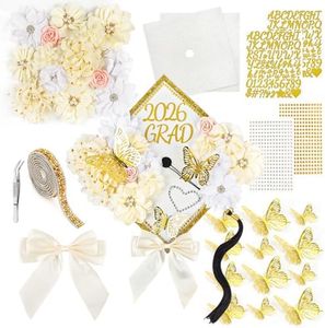 Graduation Cap Decorations Kit 2026 DIY Cap Decorations 36PCS Included Fake Flowers Heads Bow 3D Butterfly Self Adhesive Rhinestones Stickers Alphabet Letter Stickers for Grad Party Decor, White