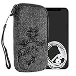 kwmobile Felt Phone Pouch Size L - 6.5" - Zippered Universal Bag with Zipper and Embroidered Design - Magnolias Black/Light Grey