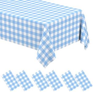 6 Pack Light Blue Gingham Tablecloth Rectangular Pale Blue and White Checkered Tablecloths Disposable Plastic Plaid Table Cover for Parties, Outdoor Picnic, Birthday, Wedding, Camping 54 × 108 Inch
