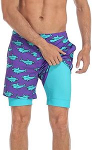 LRD Men's Swim Trunks with Compression Liner 5 Inch Inseam Quick Dry Swim Shorts, Neon Sharks / Teal, Large