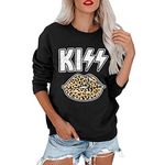 Fuyxxmer Womens Kiss Letter Print Leopard Lips Sweatshirt Round Neck Long Sleeve Pullover Blouse Tops for Women Black