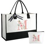 Ini-tial Can-vas Tote Bag w Makeup Bag, Mono-gram Floral Tote Bags for Women w Inner Pocket, Gift Box, Card, Personalized Christmas Birthday Gifts for Women, Wedding Gifts for Couples Unique 2023 M