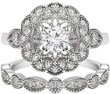 TwoBirch 18k White Gold MicroplatedArt Deco Floral Design Duo Bridal Ring Set Engagement Ring and Wedding Band with Cubic Zirconia (Set (2 Rings), Size 9)