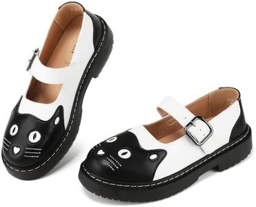 VNVCN Women's Kitty Cat Mary Janes Fashion Shoes Round Toe Ankle Strap Design Non-Slip Cute Business Casual Dress Shoes Work Office Flats Everyday Walking Shoes White,US 8