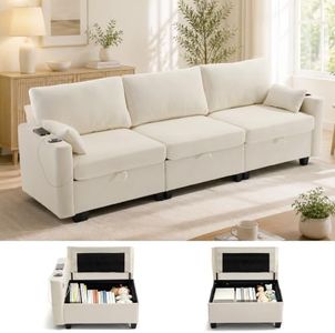 VBONDA 110" Modular Sectional Couch with Storage Seat,3 Seater Deep Seat Sofa with USB Charging Port and Cupholder for Living Room,Beige