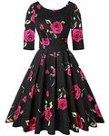 MINTLIMIT Women's Vintage 1950's Floral Christmas Dress 3/4 Sleeve Dress Party Cocktail Dress Floral Rose Black and Red,Size XXL