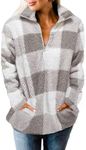 ZESICA Women's Plaid Long Sleeve Zipper Sherpa Fleece Sweatshirt Pullover Jacket Coat with Pockets,PurpleGrey,Small