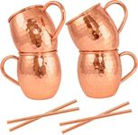 Artisan's Anvil Moscow Mule Mugs Set of 4 + Copper Straws Four Solid 16 oz Copper Mugs Gift Set – 100% Pure Hammered Copper Barrel Mugs – Handmade Unlined Copper Cups