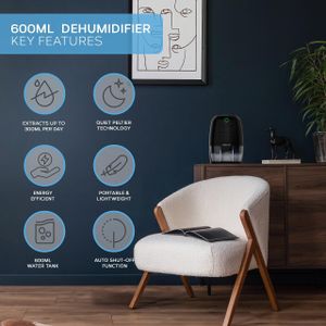 MONHOUSE Portable Dehumidifier 600ml – Compact Black Moisture Remover