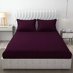 DECOR2ADMIRE 300 TC Glace Cotton Elastic Fitted Plain Stripe Super King Bedsheet with 2 Pillow Covers 108 x 108 Inches or 72" x 78" Fits Up to 12 Inch Mattress (Wine)