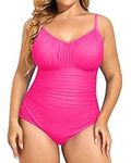 Aqua Eve Plus Size Swimsuit for Women Tummy Control One Piece Bathing Suit Vintage Swimwear, Hot Pink, 14 Plus