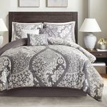 Madison Park Vienna Sateen Cotton Comforter Set, Breathable, Soft Cover, Trendy, All Season Down Alternative Cozy Bedding with Matching Shams, King, Grey 7 Piece