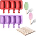 2 Pieces Ice Cream Molds, 50 Wooden Sticks, Silicone Ice Cream Mold Set, Oval Popsicle Molds 4 Cavities, for DIY Ice Cream Making (Red, Purple)