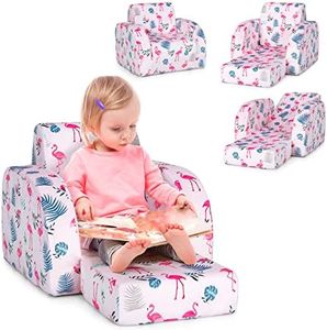 HONEY JOY Kids Sofa, 3 in 1 Convertible Flip Open Couch w/Foam-Padded Seat, Velvet Fabric, Toddler Armrest Chair Bed for Nap Play Sleep, Fold Out Lounger, Ideal for 0-3 Years (Pink Flamingo)