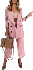 Buetory Women's 2 Piece Outfit Casual Double Breasted Open Front Work Office Blazer Loose Straight Leg Work Pants Suits Jackets Set Pink