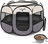 SereneLife ON-The-GO Foldable Portable Pet Tent 8-Panel Playpen for Dog & Cat w/Food/Water Bowl, Mesh Exercise Puppy Playground, Pet House Indoor & Outdoor, Travel & Camping Pet Kennel (Grey - Small)