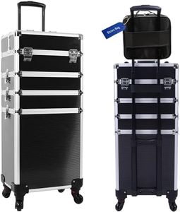 5-in-1 Rolling Makeup Train Case, Large Professional Cosmetic Trolley Organizer on Wheels with 360° Swivel Wheels, Lockable Black Aluminum Travel Case for Makeup Artists, Nail Techs & Hairstylists